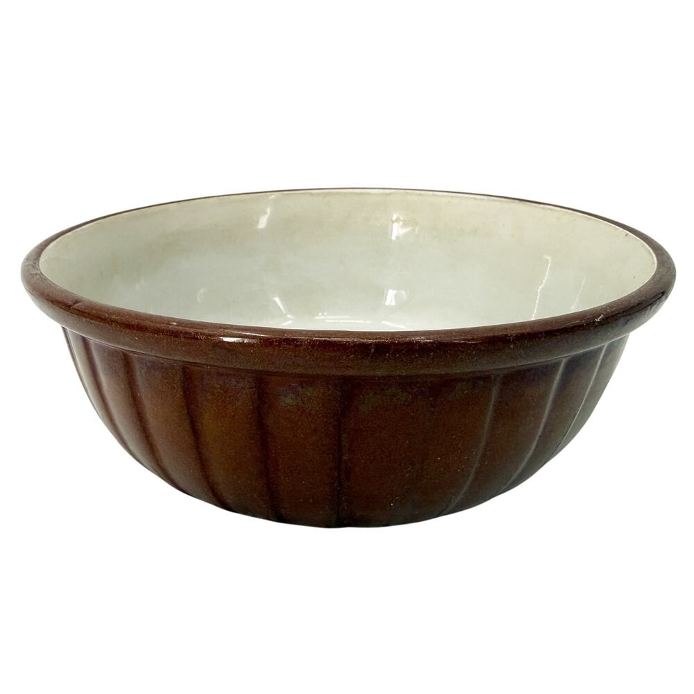 vintage brown ribbed ceramic low Bowl white interior 8.25" diameter bulb planter